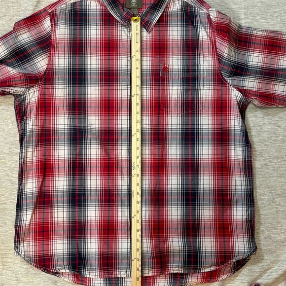 Timberland Mens Red Navy White Long Sleeve Button Plaid Shirt With Pocket Sz XXL - Picture 11 of 14